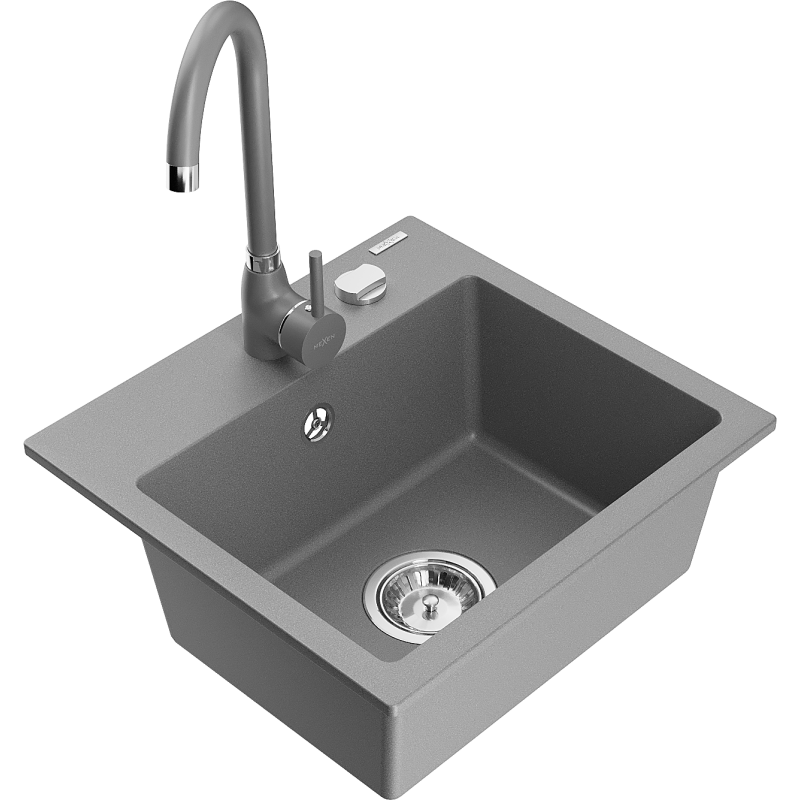 Mexen Milo 1-bowl granite sink with Telma kitchen tap, grey - 6505-71-670200-71