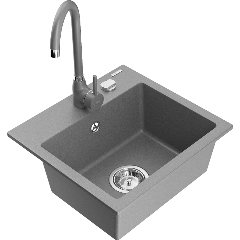 Mexen Milo 1-compartment granite sink with kitchen mixer tap Telma, Grey - 6505-71-670200-71