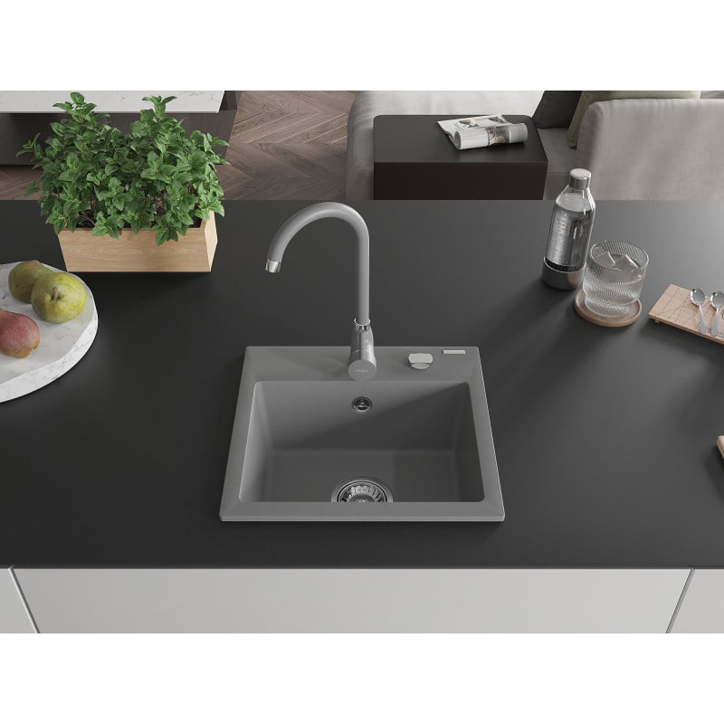 Mexen Milo single-basin granite kitchen sink with Telma faucet, gray - 6505-71-670200-71