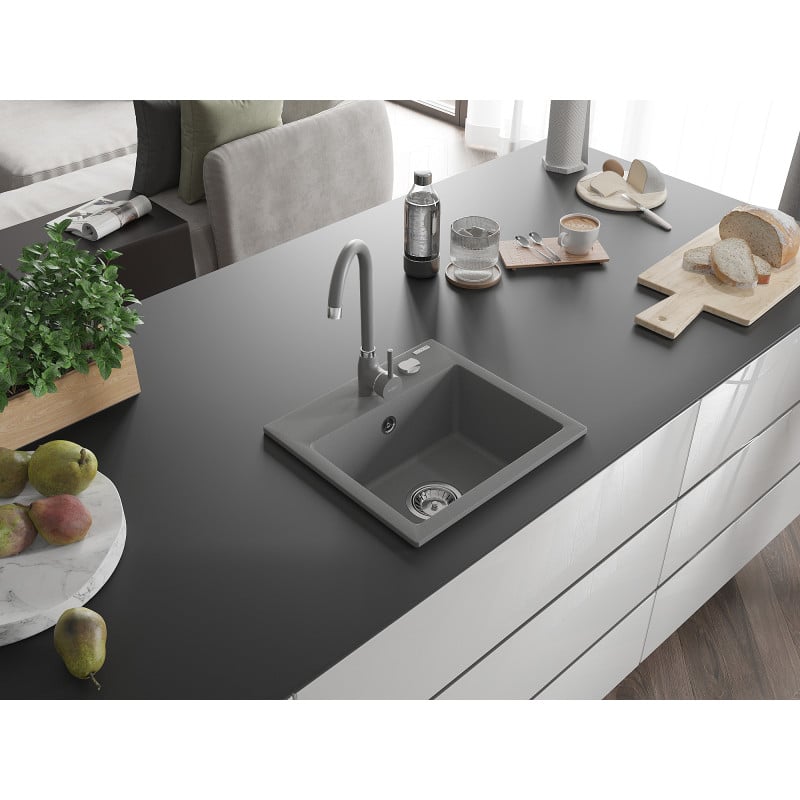Mexen Milo single-basin granite kitchen sink with Telma faucet, gray - 6505-71-670200-71