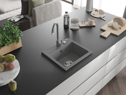 Mexen Milo single-basin granite kitchen sink with Telma faucet, gray - 6505-71-670200-71