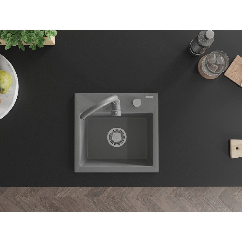 Mexen Milo 1-bowl granite sink with Telma kitchen tap, grey - 6505-71-670200-71