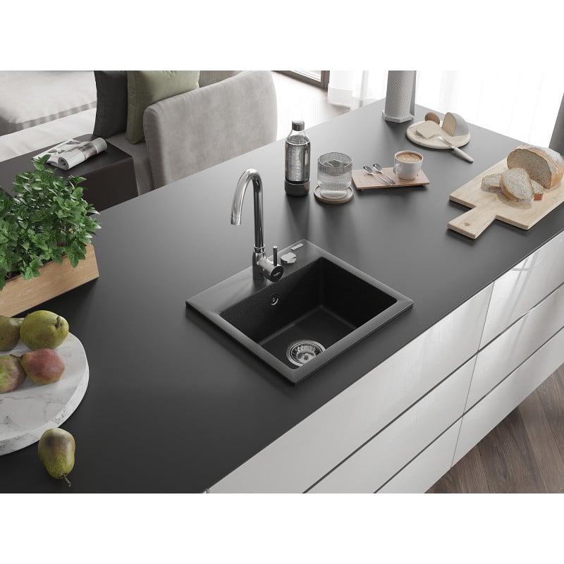 Mexen Milo 1-bowl granite kitchen sink with Telma faucet, black/silver - 6505-73-670200-00