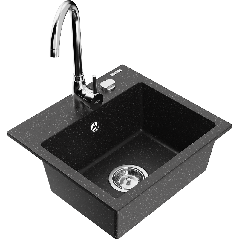 Mexen Milo 1-bowl granite kitchen sink with Telma faucet, black/silver - 6505-73-670200-00