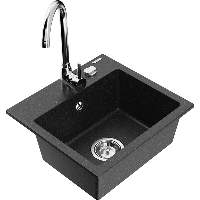 Mexen Milo granite kitchen sink 1-bowl with Telma kitchen tap, black/silver - 6505-73-670200-00