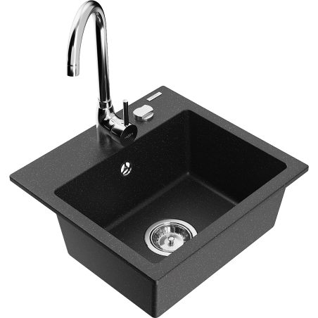 Mexen Milo 1-bowl granite kitchen sink with Telma faucet, black/silver - 6505-73-670200-00