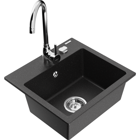 Mexen Milo granite kitchen sink 1-bowl with Telma kitchen tap, black/silver - 6505-73-670200-00