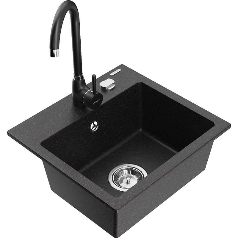 Mexen Milo 1-compartment granite sink with kitchen mixer tap Telma, Black/Silver - 6505-73-670200-70