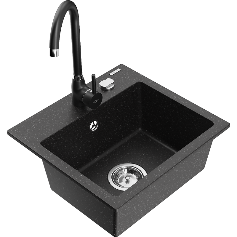 Mexen Milo Granite Sink 1-Bowl with Telma Kitchen Tap, Black/Silver - 6505-73-670200-70
