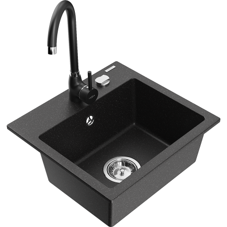 Mexen Milo 1-compartment granite sink with kitchen mixer tap Telma, Black/Silver - 6505-73-670200-70