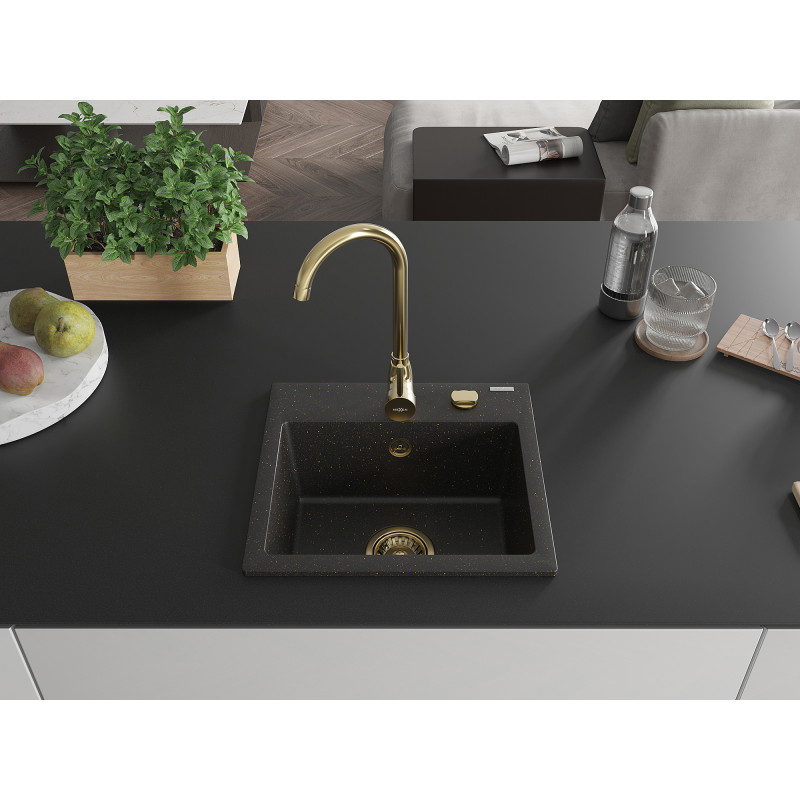 Mexen Milo granite kitchen sink 1-bowl with Telma faucet, black/gold - 6505-75-670200-50