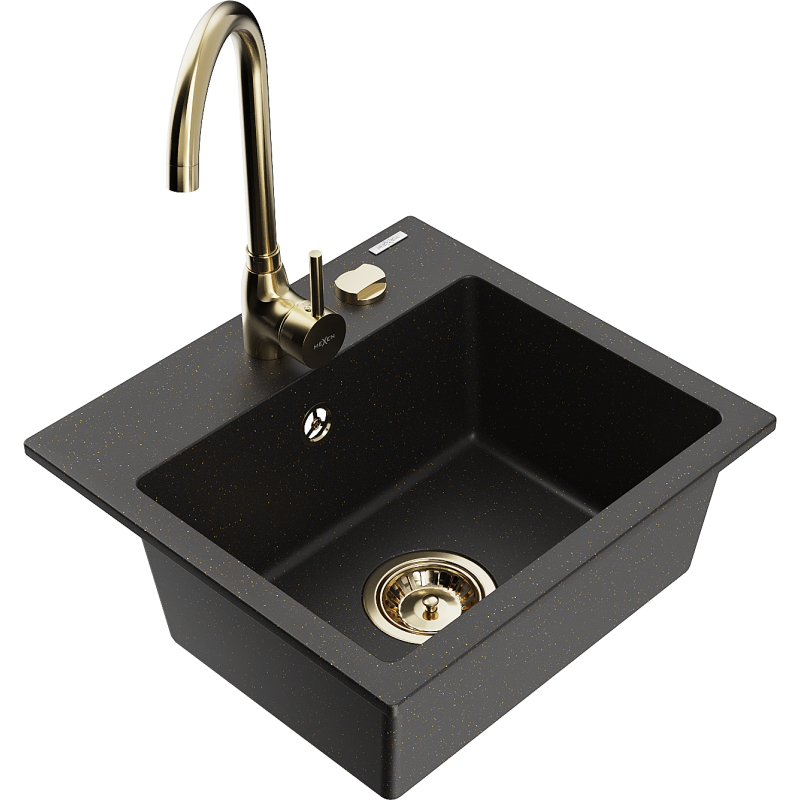 Mexen Milo granite sink 1-bowl with Telma kitchen tap, black/gold - 6505-75-670200-50