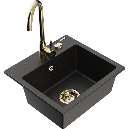 Mexen Milo granite kitchen sink 1-bowl with Telma faucet, black/gold - 6505-75-670200-50