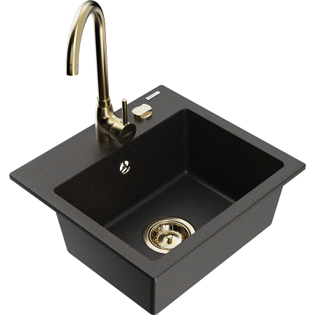 Mexen Milo granite sink 1-bowl with Telma kitchen tap, black/gold - 6505-75-670200-50