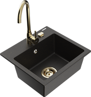 Mexen Milo 1-compartment granite sink with kitchen mixer tap Telma, Black/Gold - 6505-75-670200-50