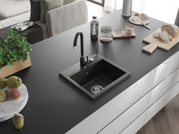 Mexen Milo granite sink 1-bowl with Telma kitchen faucet, black/gold - 6505-75-670200-70