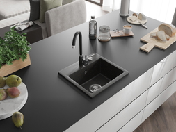 Mexen Milo granite sink with 1 bowl and Telma kitchen tap, black/gold - 6505-75-670200-70