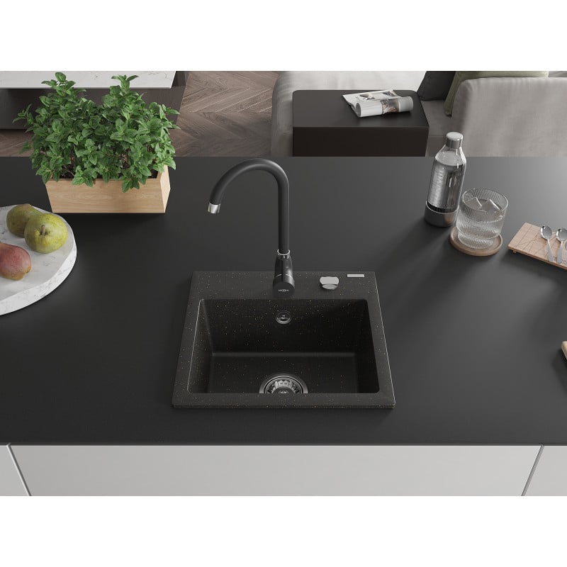 Mexen Milo granite sink 1-bowl with Telma kitchen faucet, black/gold - 6505-75-670200-70