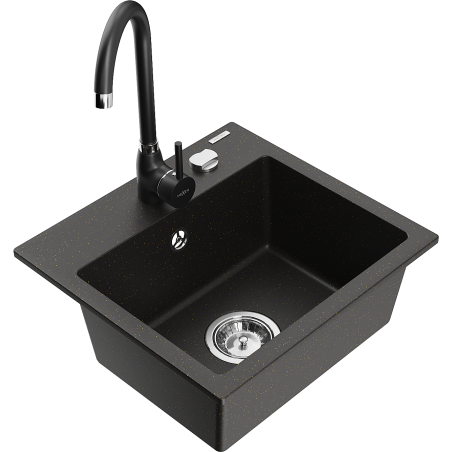 Mexen Milo granite sink 1-bowl with Telma kitchen faucet, black/gold - 6505-75-670200-70