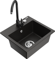 Mexen Milo granite sink 1-bowl with Telma kitchen faucet, black/gold - 6505-75-670200-70