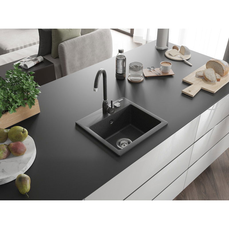 Mexen Milo 1-bowl granite sink with Telma kitchen tap, black speckled - 6505-76-670200-76