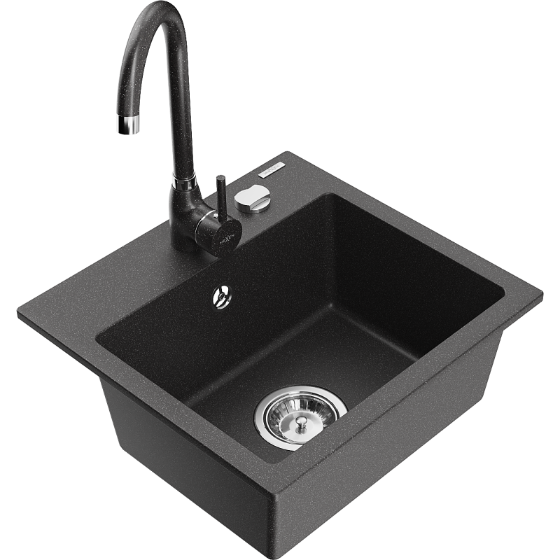 Mexen Milo 1-compartment granite sink with kitchen mixer tap Telma, Spotted black - 6505-76-670200-76