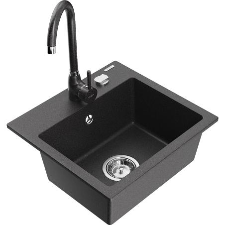Mexen Milo 1-compartment granite sink with kitchen mixer tap Telma, Spotted black - 6505-76-670200-76