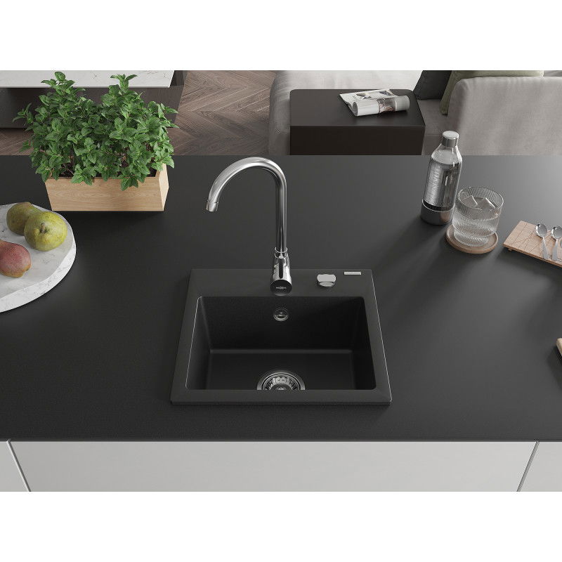Mexen Milo 1-bowl granite sink with Telma kitchen tap, black - 6505-77-670200-00