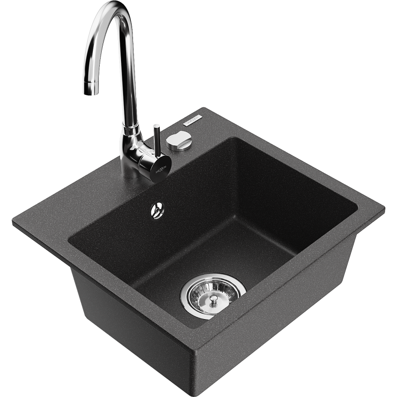 Mexen Milo 1-compartment granite sink with kitchen mixer tap Telma, Spotted black - 6505-76-670200-00