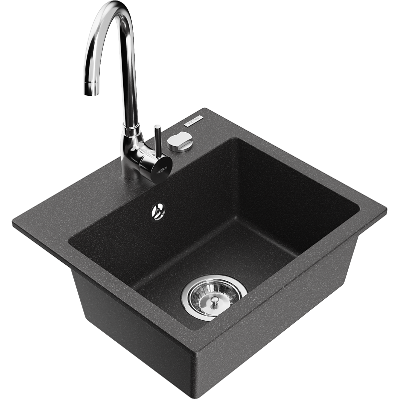 Mexen Milo granite kitchen sink single-bowl with Telma kitchen faucet, speckled black - 6505-76-670200-00