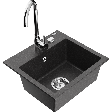 Mexen Milo granite kitchen sink single-bowl with Telma kitchen faucet, speckled black - 6505-76-670200-00