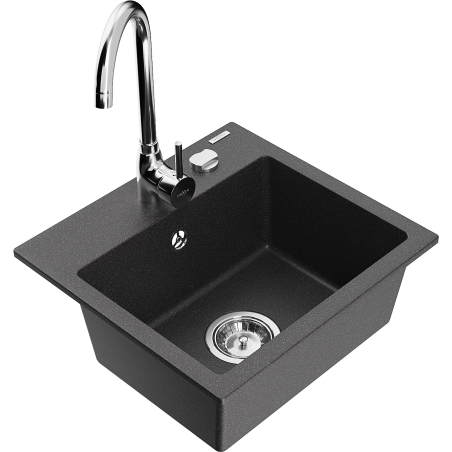 Mexen Milo granite sink 1-bowl with Telma kitchen tap, black speckled - 6505-76-670200-00