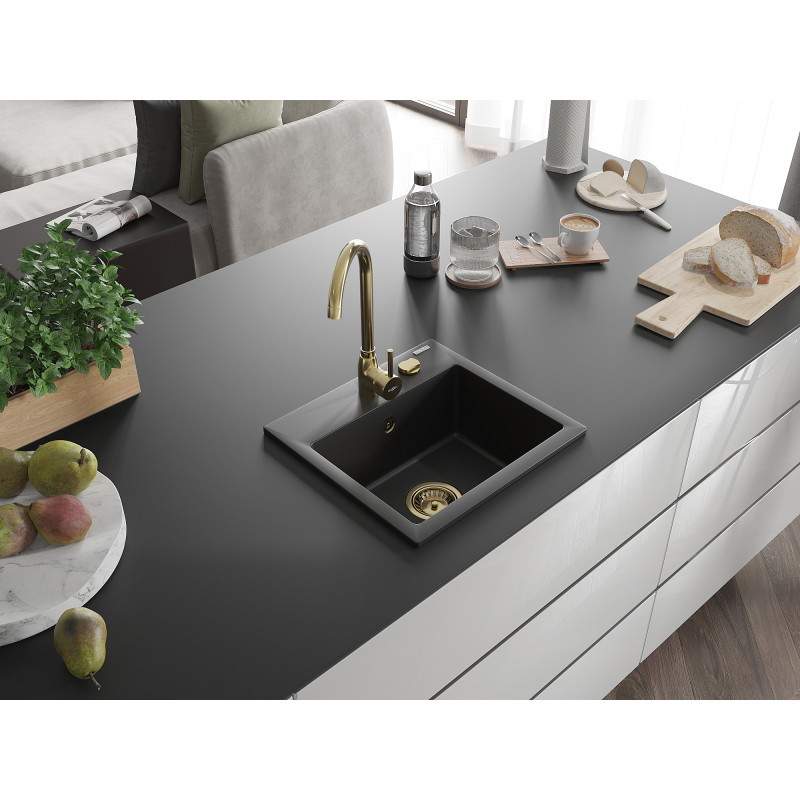 Mexen Milo 1-Bowl Granite Sink with Telma Kitchen Faucet, Black - 6505-77-670200-50