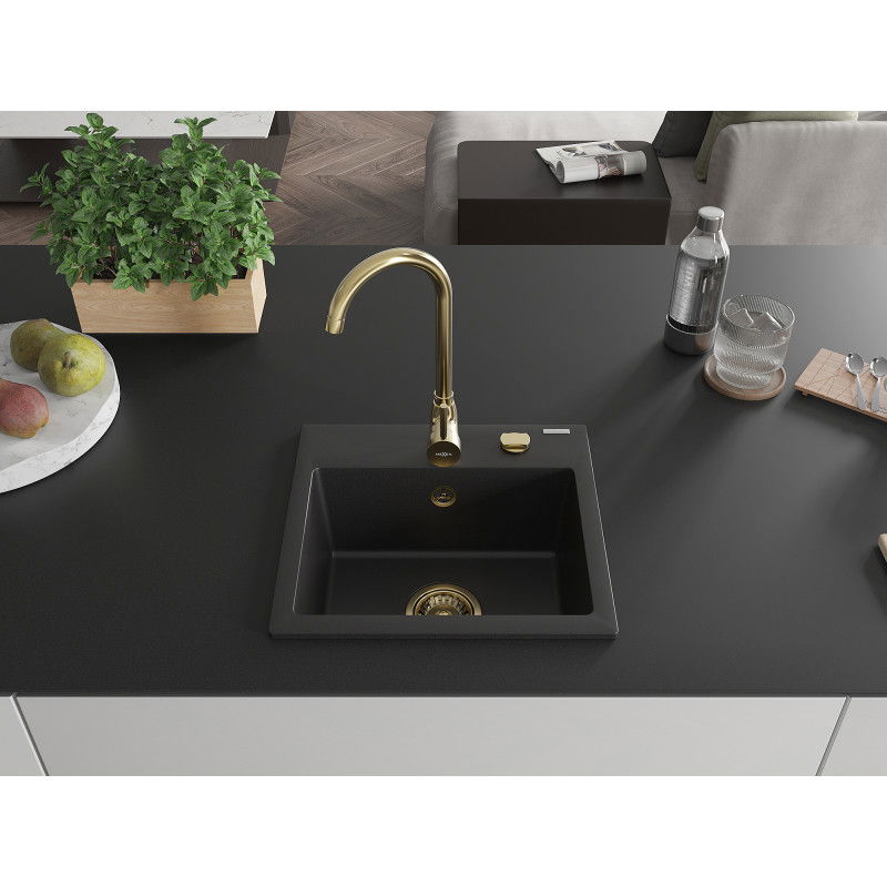 Mexen Milo 1-bowl granite sink with Telma kitchen mixer tap, black - 6505-77-670200-50