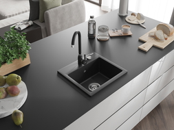 Mexen Milo 1-compartment granite sink with kitchen mixer tap Telma, Black - 6505-77-670200-70