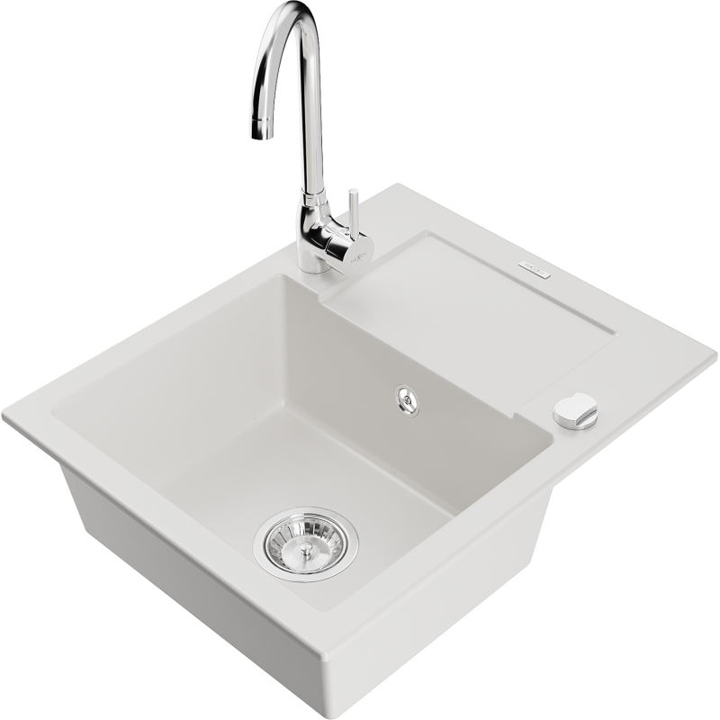 Mexen Enzo 1-compartment granite sink with a drip tray and kitchen mixer tap Telma, White - 6506-20-670200-00