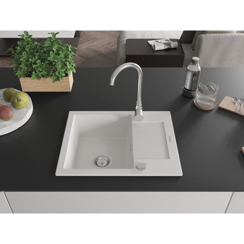 Mexen Enzo granite sink 1-bowl with drainer and Telma kitchen tap, white - 6506-20-670200-00