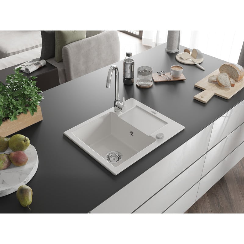 Mexen Enzo single-bowl granite sink with drainer and Telma kitchen faucet, white - 6506-20-670200-00