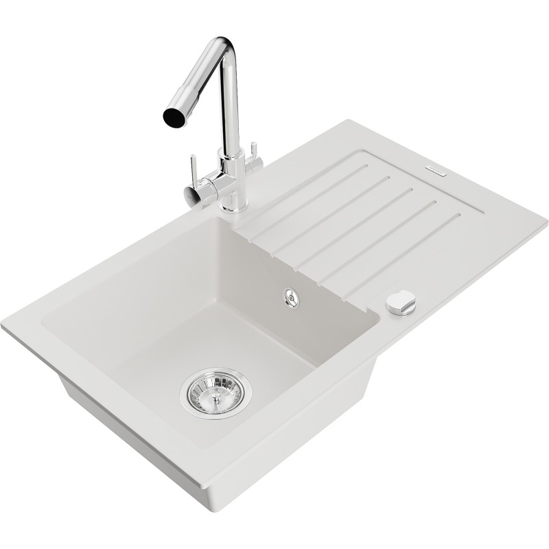 Mexen Pablo 1-bowl granite sink with drainer and Duero kitchen faucet, white - 6510-20-671600-00