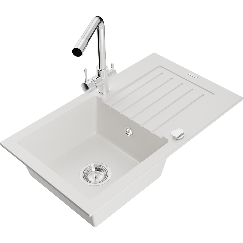 Mexen Pablo 1-bowl granite sink with drainer and Duero kitchen tap, white - 6510-20-671600-00