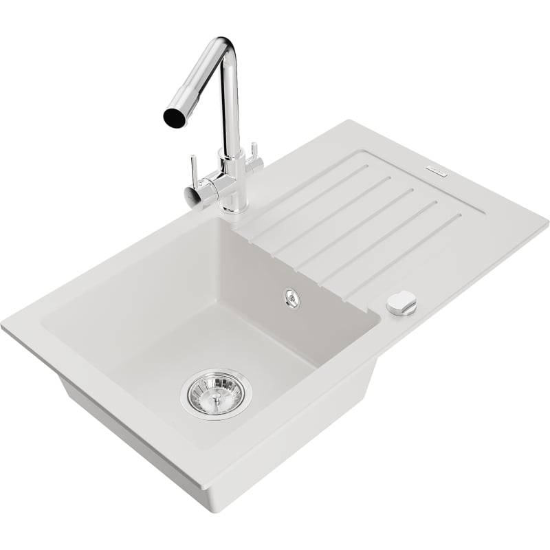 Mexen Pablo granite sink 1-bowl with drainer and Duero kitchen faucet, white - 6510-20-671600-00