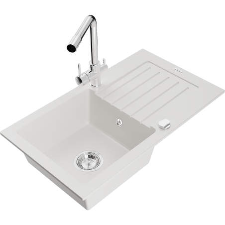 Mexen Pablo 1-bowl granite sink with drainer and Duero kitchen faucet, white - 6510-20-671600-00
