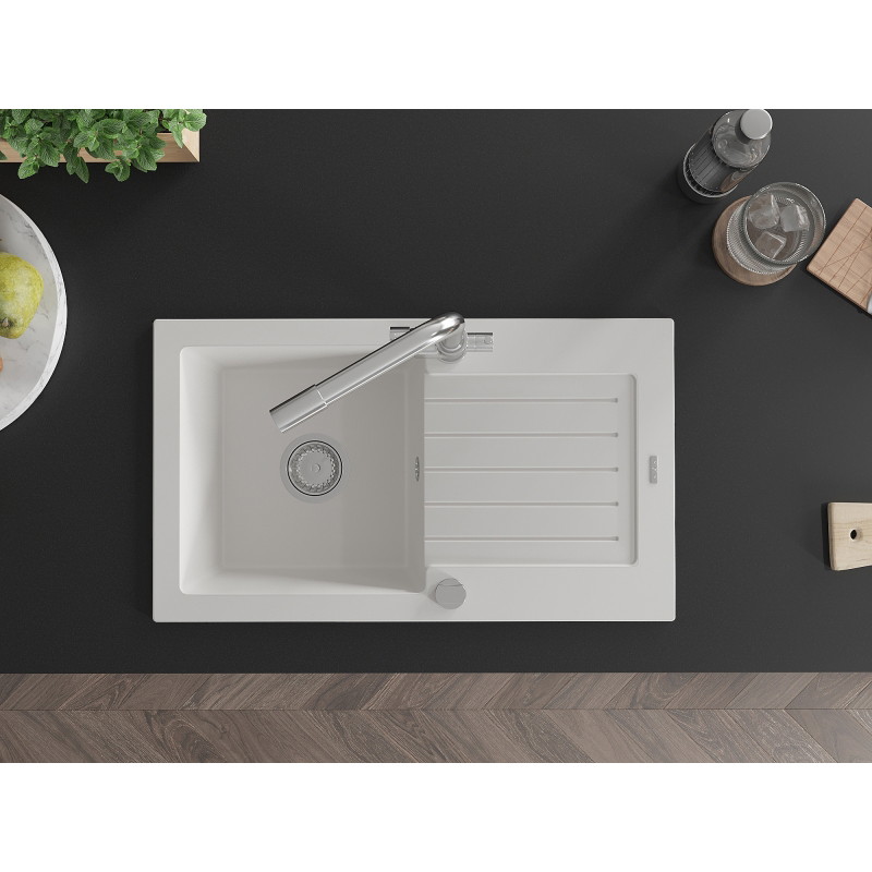 Mexen Pablo granite sink 1-bowl with drainer and Duero kitchen faucet, white - 6510-20-671600-00