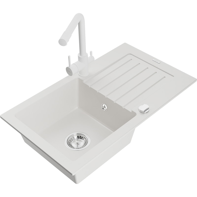 Mexen Pablo granite single-bowl sink with drainer and Duero kitchen faucet, white - 6510-20-671600-20