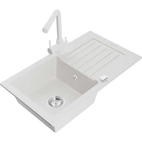 Mexen Pablo granite single-bowl sink with drainer and Duero kitchen faucet, white - 6510-20-671600-20