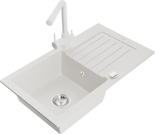 Mexen Pablo granite kitchen sink 1-bowl with drainer and Duero kitchen tap, white - 6510-20-671600-20