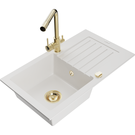 Mexen Pablo 1-bowl granite sink with drainer and Duero kitchen faucet, white - 6510-20-671600-50