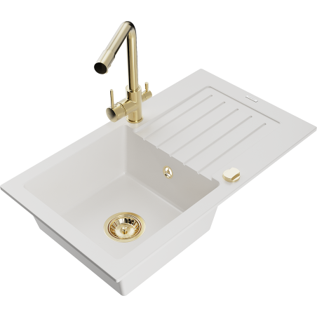 Mexen Pablo granite kitchen sink 1-bowl with drainer and Duero kitchen faucet, white - 6510-20-671600-50