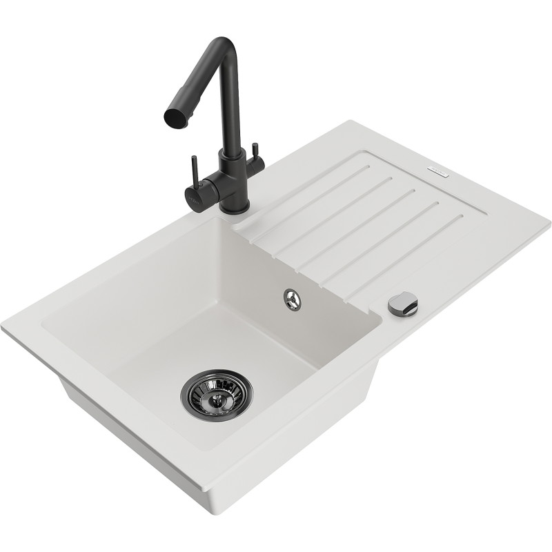 Mexen Pablo 1-Bowl Granite Sink with Drainer and Duero Kitchen Faucet, White - 6510-20-671600-70