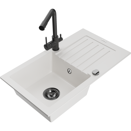 Mexen Pablo 1-bowl granite sink with drainer and Duero kitchen tap, white - 6510-20-671600-70